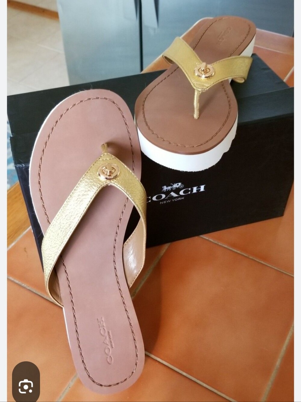 COACH Shelly  Gold Leather Thong Sandals - Women's
